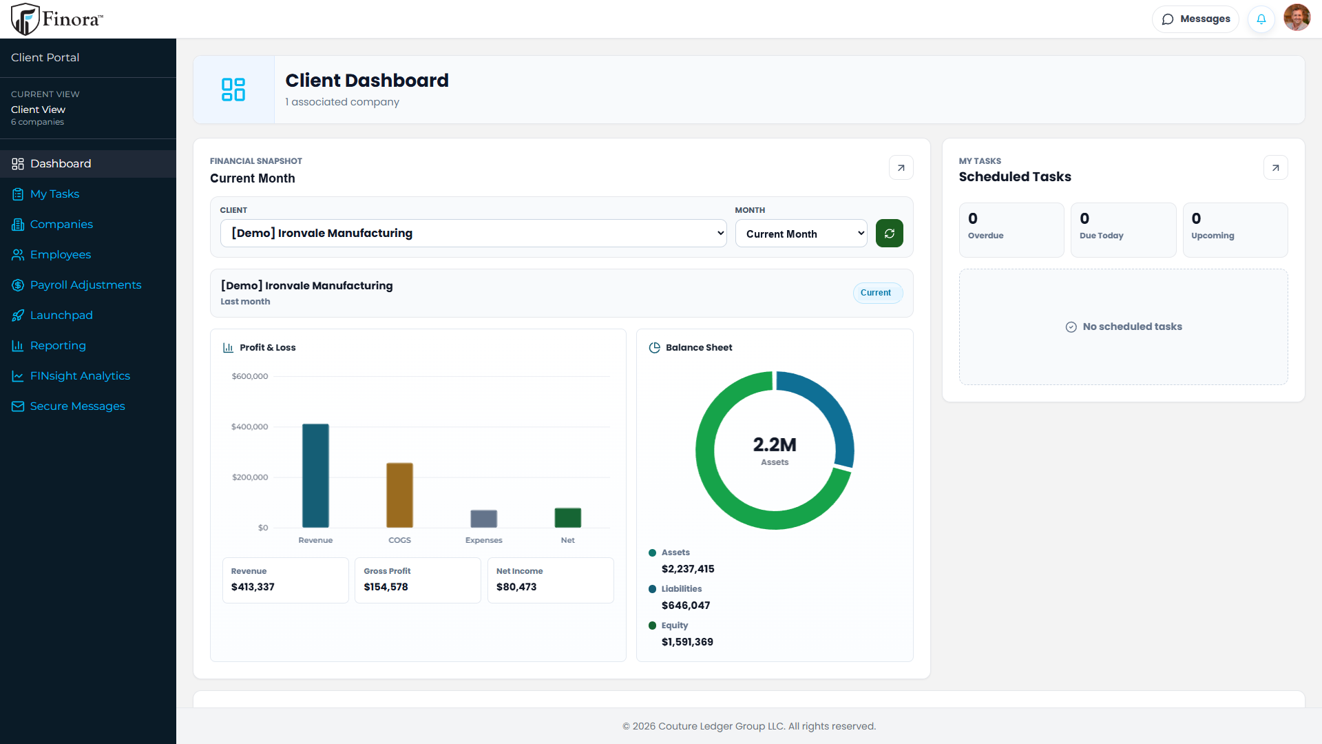 Representative Finora client dashboard showing online profit and loss and balance sheet access